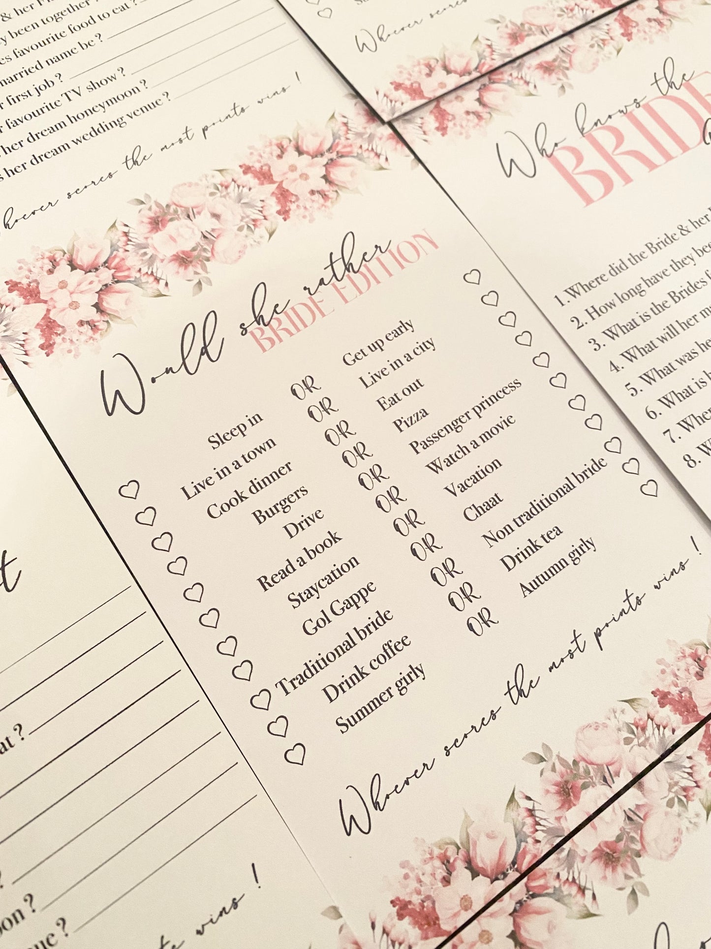 Bridal shower game cards