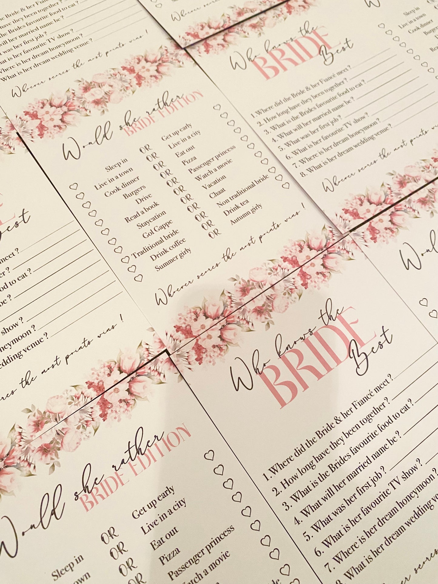 Bridal shower game cards