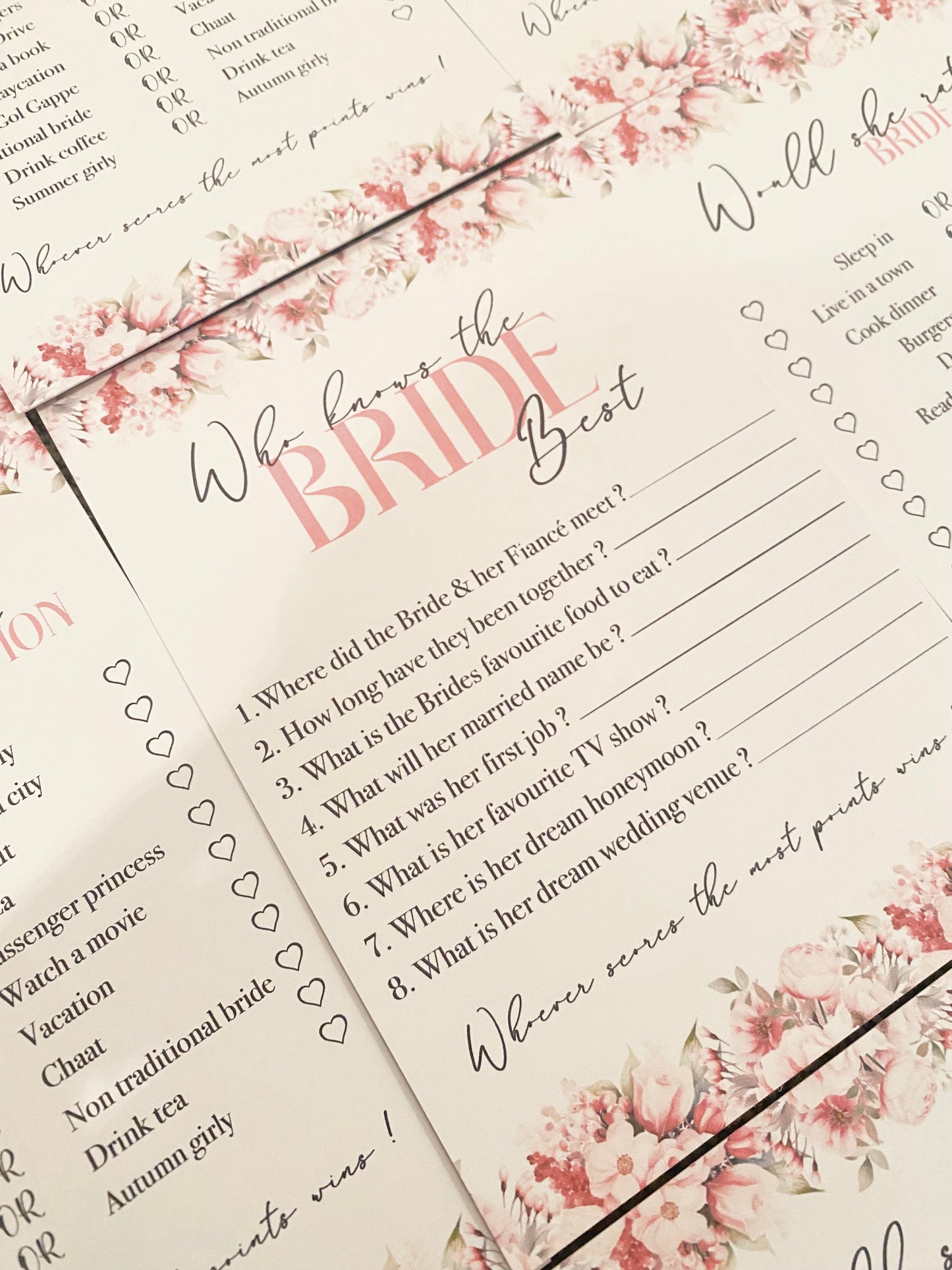 Bridal shower game cards