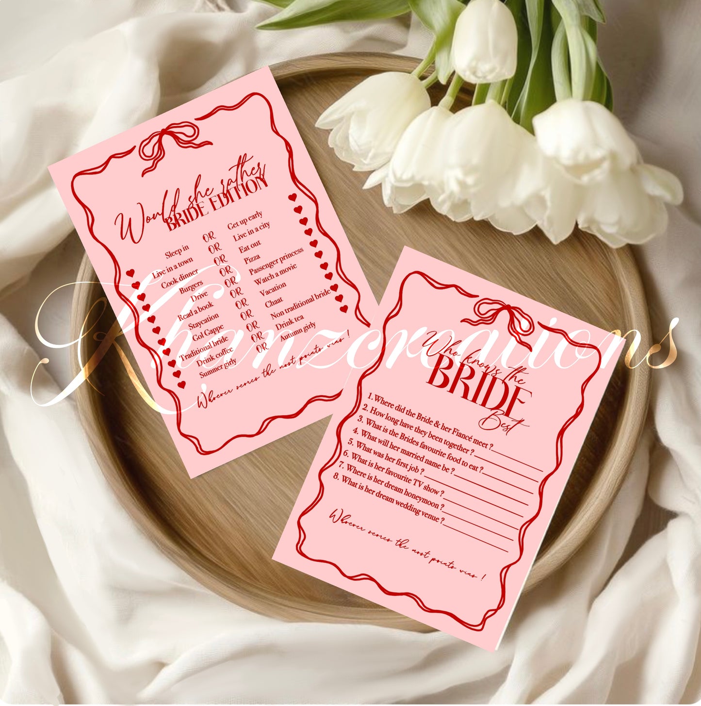 Bridal shower game cards bow theme