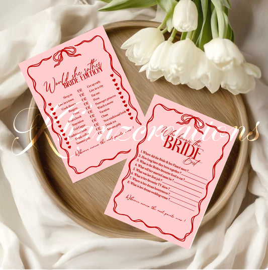 Bridal shower game cards bow theme