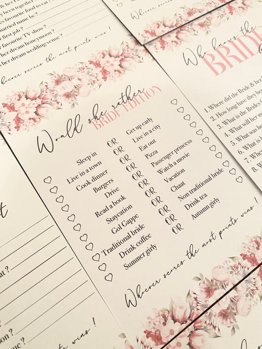 Bridal shower game cards